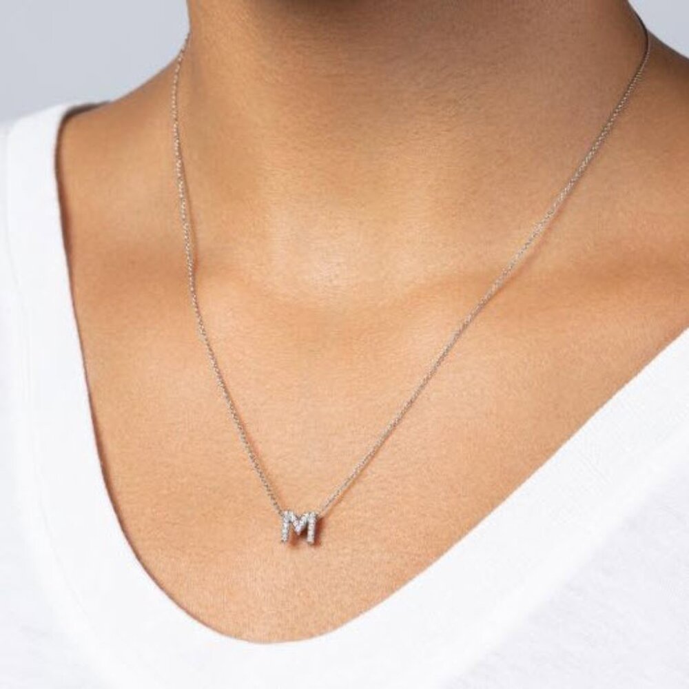 ROBERTO COIN 18KWG TINY TREASURES DIAMOND LOVE LETTER "M" NECKLACE